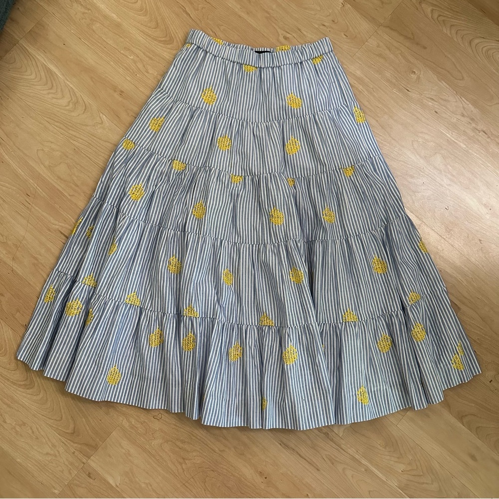 J. Crew Blue Gingham Stripped Pineapple Embroidered Tiered Skirt